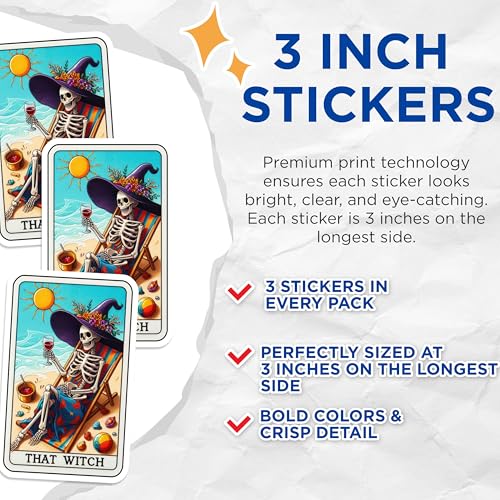 (3 Pack) Beach Witch Decals - Skeleton Witch Art - Halloween Witch Decals - 3 Inches On Longest Side - Easy Peel & Apply - Made in USA - 3MCS4108