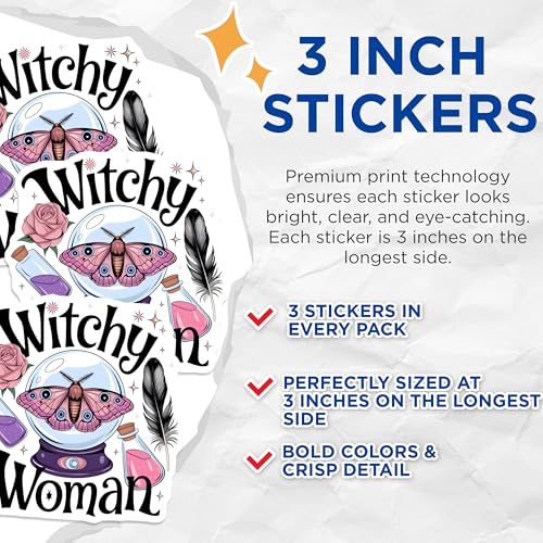 (3 Pack) Witchy Woman Decals - Moth Crystal Ball - Laptop Decal- 3 Inches On Longest Side - Easy Peel & Apply - Made in USA - 3MCS5360