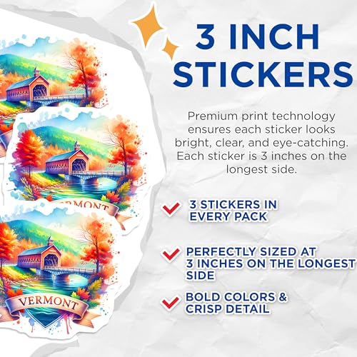 (3 Pack) Vermont Decals - Covered Bridge Art - New England Travel- 3 Inches On Longest Side - Easy Peel & Apply - Made in USA - 3MCS5772