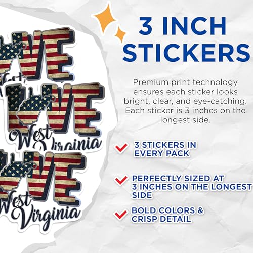 (3 Pack) West Virginia Decals - WV Love - USA Flag State Pride - 3 Inches On Longest Side - Easy Peel & Apply - Made in USA - 3MCS0339