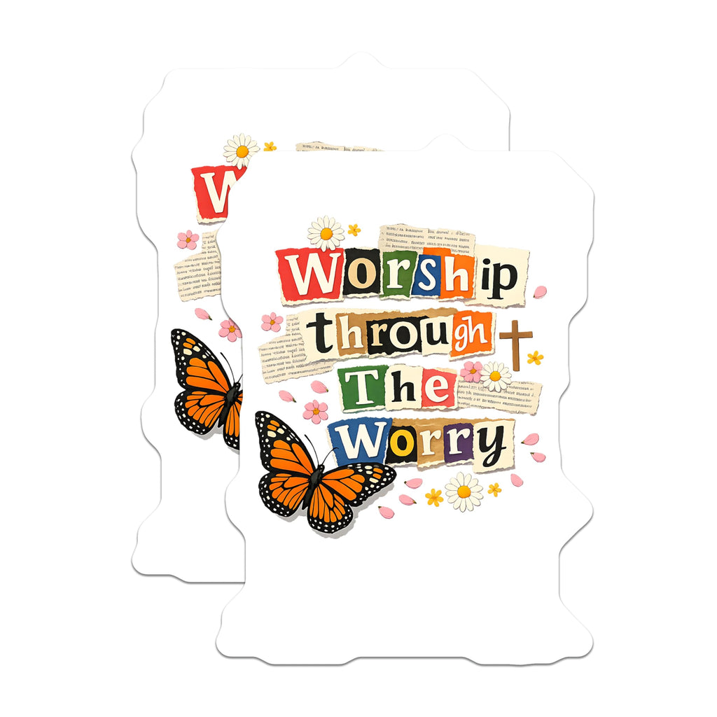 (2 Pack) Worship Through Worry Magnets - Monarch Butterfly Faith Art - Christian Inspirational Decor - 5 Inches On Longest Side - Thick Durable Magnet - Made in USA - MAG22455
