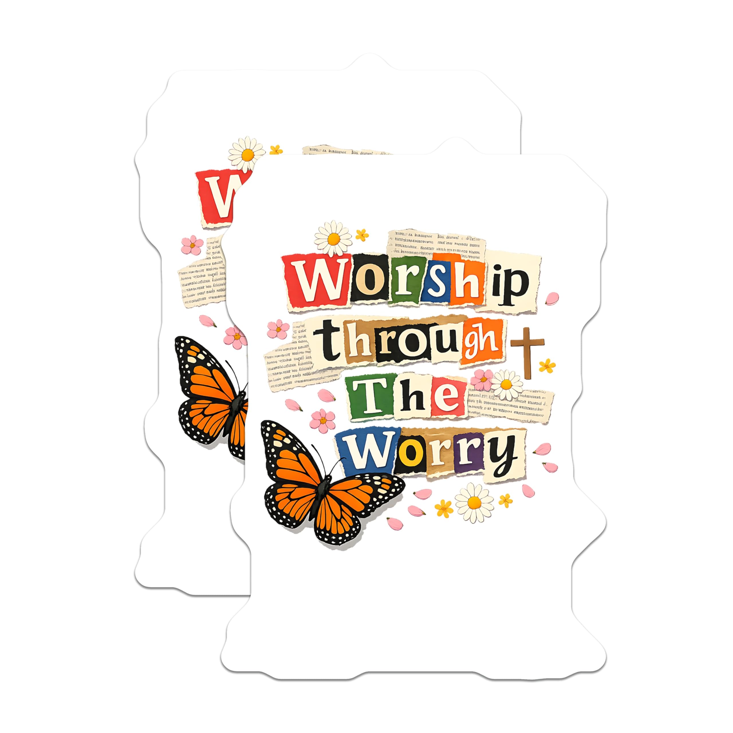 (2 Pack) Worship Through Worry Magnets - Monarch Butterfly Faith Art - Christian Inspirational Decor - 5 Inches On Longest Side - Thick Durable Magnet - Made in USA - MAG22455