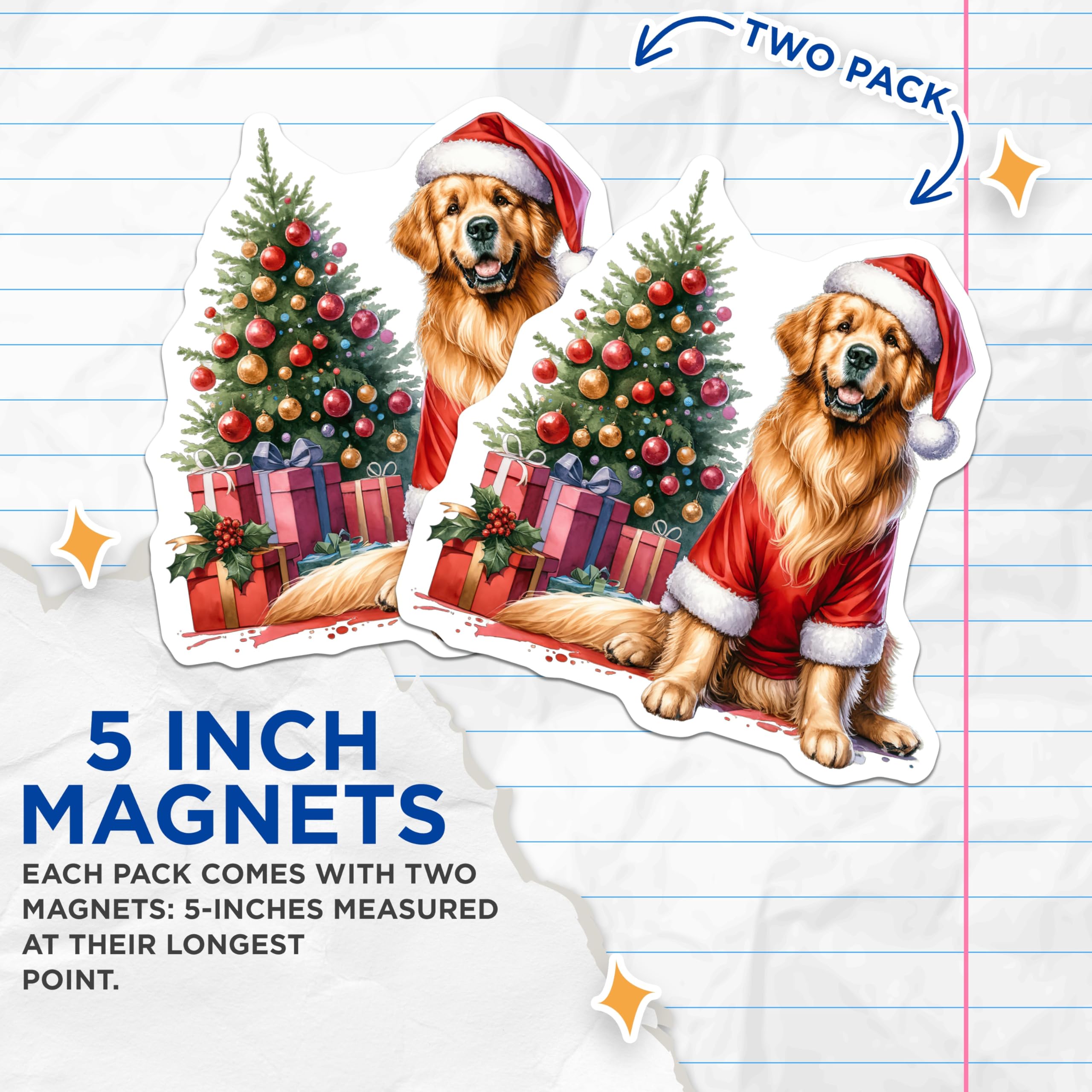 (2 Pack) Christmas Dog Magnets - Golden Retriever Holiday Decor - Xmas Pet Lover Fridge Display - 5 Inches On Longest Side - Thick Durable Magnet - Made in USA - MAG30364