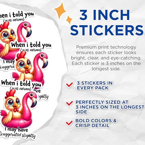 (3 Pack) Funny Chicken Decals - Flamingo Float Decal - Exaggerated Slightly Decal - 3 Inches On Longest Side - Easy Peel & Apply - Made in USA - 3MCS1717