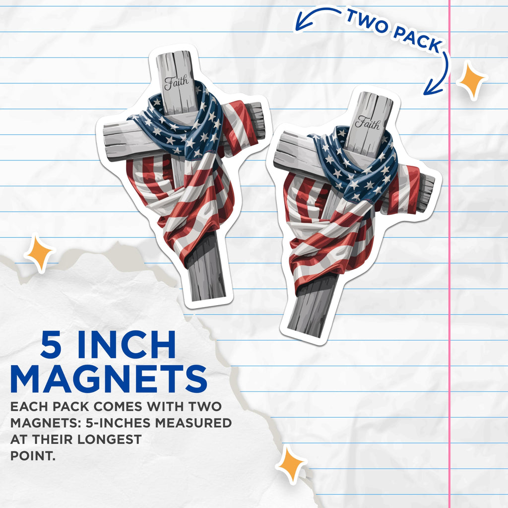(2 Pack) American Flag Cross Magnets - Faith Religious Decor - USA Patriotic Spiritual Emblem - Refrigerator Locker Accent - 5 Inches On Longest Side - Thick Durable Magnet - Made in USA - MAG20711
