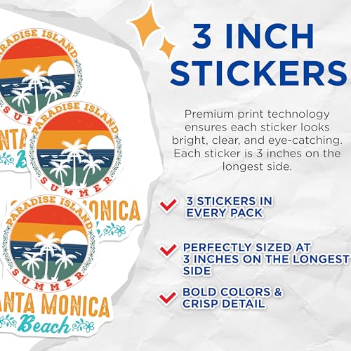 (3 Pack) Santa Monica Decals - Paradise Island Summer - Beach Decals - 3 Inches On Longest Side - Easy Peel & Apply - Made in USA - 3MCS4014