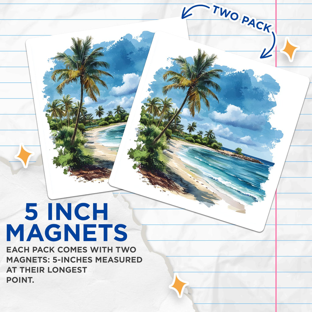 (2 Pack) Tropical Beach Magnets - Palm Tree Island Scenery - Ocean Wave Decor - Coastal Watercolor Art Print - 5 Inches On Longest Side - Thick Durable Magnet - Made in USA - MAG23465