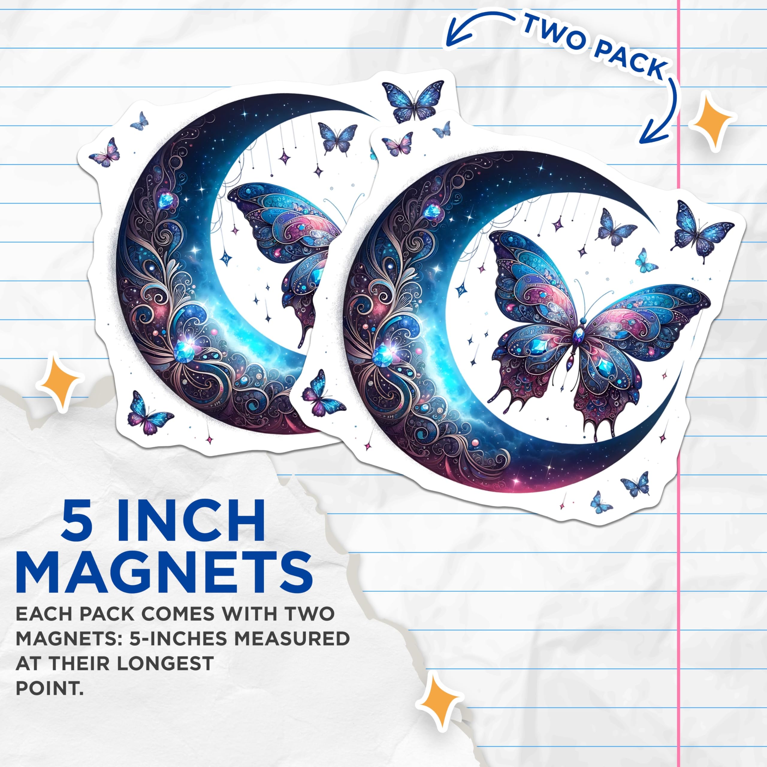 (2 Pack) Butterfly Moon Magnets - Celestial Home Decor - Whimsical Fridge Magnets - 5" On Longest Side - Premium Magnet - for Cars, Refrigerators, Toolboxes, Lockers - Made in USA - MAG16102