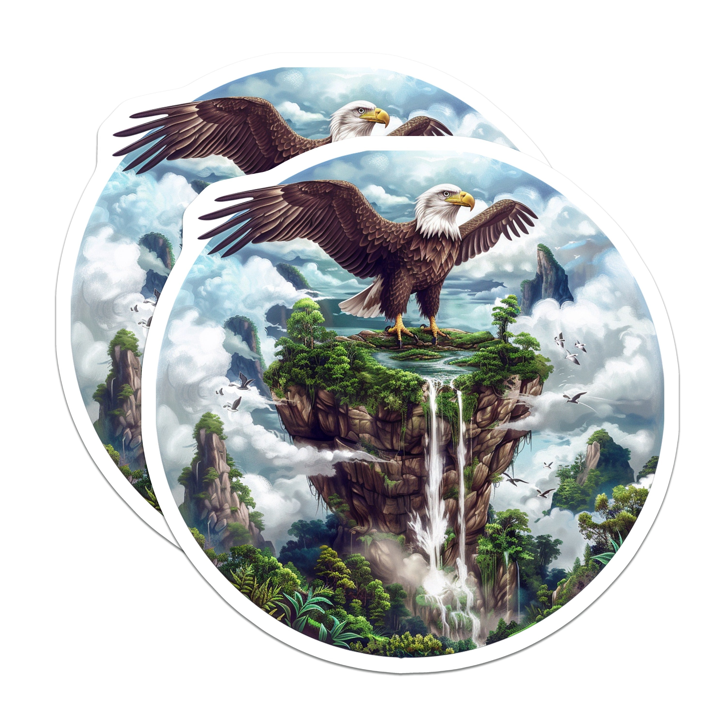 (2 Pack) Bald Eagle Magnets - Fantasy Island Waterfall Scene - Majestic Wildlife Cloud Landscape Art Decor - 5 Inches On Longest Side - Thick Durable Magnet - Made in USA - MAG38646