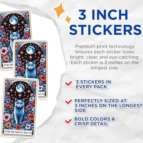 (3 Pack) Russian Blue Cat Decals - Celestial Kitty Art - Floral Laptop Decal - 3 Inches On Longest Side - Easy Peel & Apply - Made in USA - 3MCS0118