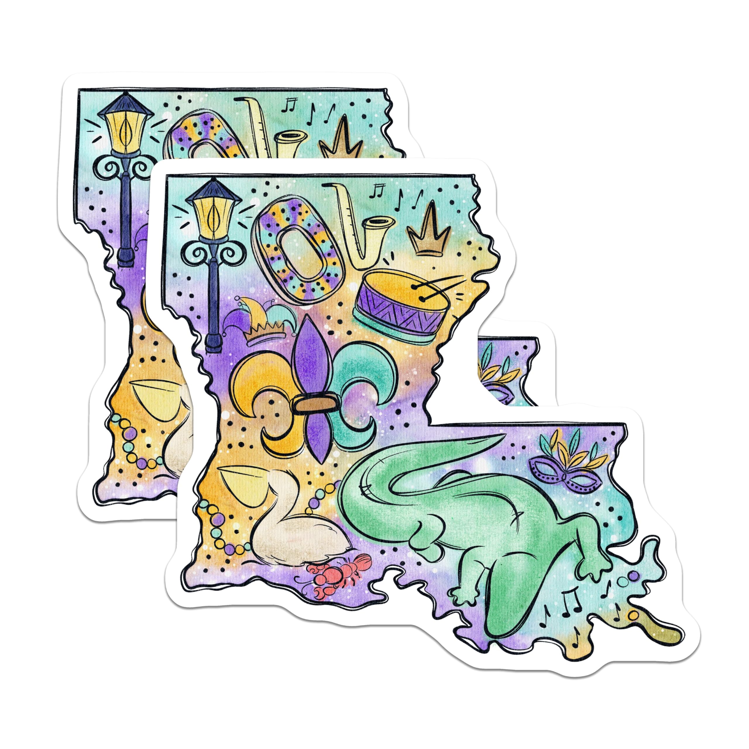(2 Pack) Louisiana State Stickers - Mardi Gras - Colorful Alligator - Louisiana Decal - Carnival State - 5" On Longest Side - Sticks to Smooth Flat Surfaces - Made in USA - BMCS4129