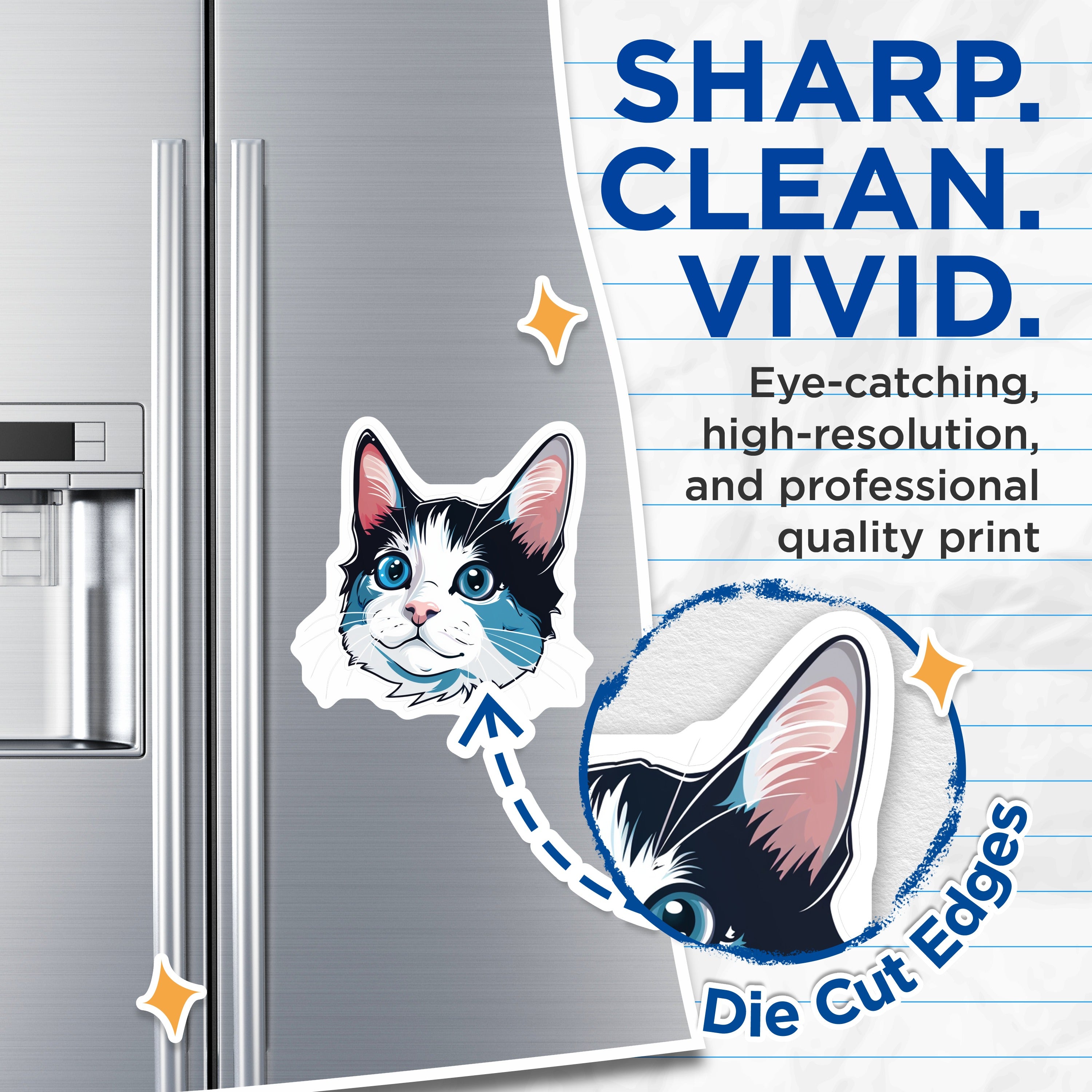 (2 Pack) Cute Blue Eyed Cat Magnets - Adorable Kitten Refrigerator Decor - Pet Lover Animal Art - 5 Inches On Longest Side - Thick Durable Magnet - Made in USA - MAG39937