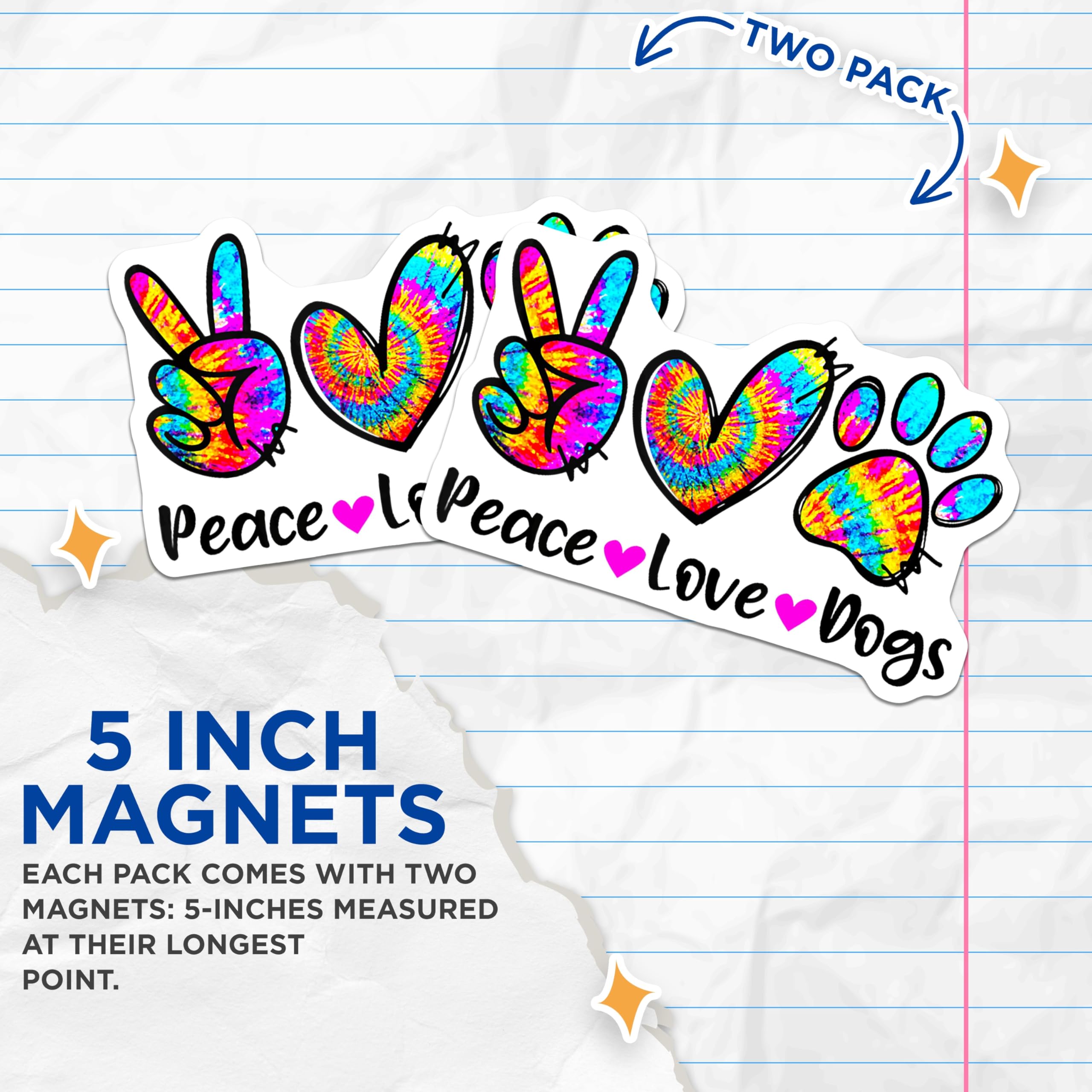 (2 Pack) Peace Love Dogs Magnets - Tie Dye Dog Lover Hippie Decor - Pet Parent Paw Print Refrigerator Magnets - 5 Inches On Longest Side - Thick Durable Magnet - Made in USA - MAG23492