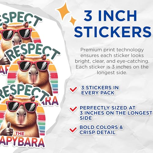 (3 Pack) Respect Capybara Decals - Funny Animal Laptop Decal - Rodent Lover Stickers - 3 Inches On Longest Side - Easy Peel & Apply - Made in USA - 3MCS1503