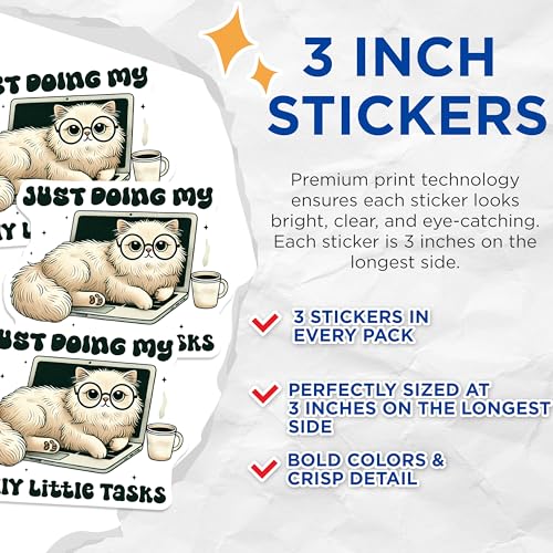 (3 Pack) Funny Cat Laptop Decals - Silly Tasks - Cute Kitten Sticker - 3 Inches On Longest Side - Easy Peel & Apply - Made in USA - 3MCS2485
