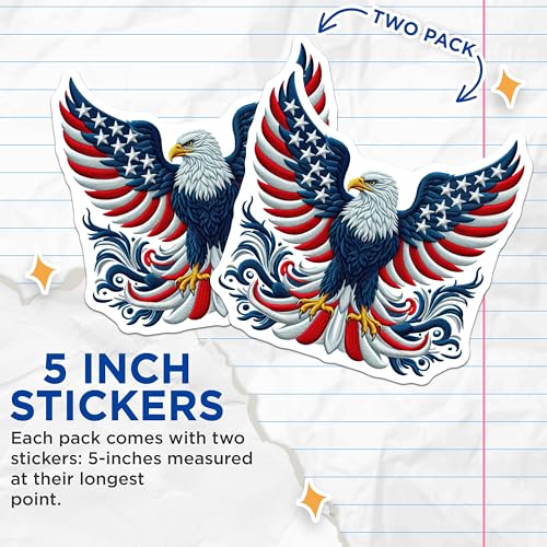 (2 Pack) American Eagle Stickers - Patriotic Bald Eagle - US Flag Inspired Decal - 5" On Longest Side - Sticks to Smooth Flat Surfaces - Made in USA - BMCS7110