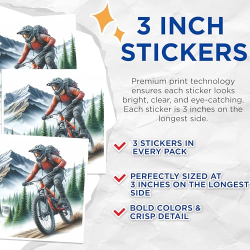 (3 Pack) Mountain Biking Decals - Extreme Sports Decal - Cycling Adventure Decal - 3 Inches On Longest Side - Easy Peel & Apply - Made in USA - 3MCS1367