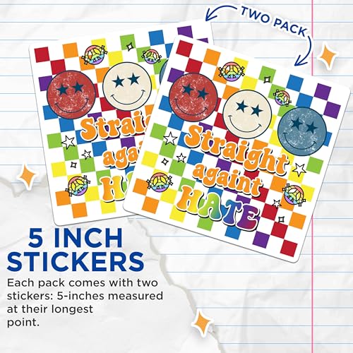 (2 Pack) Straight Against Hate Stickers - Rainbow Smiley Face Stickers - Anti Prejudice Stickers - 5" On Longest Side - Sticks to Smooth Flat Surfaces - Made in USA - BMCS6214