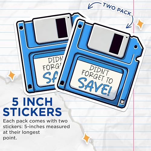 (2 Pack) Didn't Forget to Save! Stickers - Retro Computer Stickers - Cute Reminder Stickers - Vintage Floppy Disk - 5" On Longest Side - Sticks to Smooth Flat Surfaces - Made in USA - BMCS3715