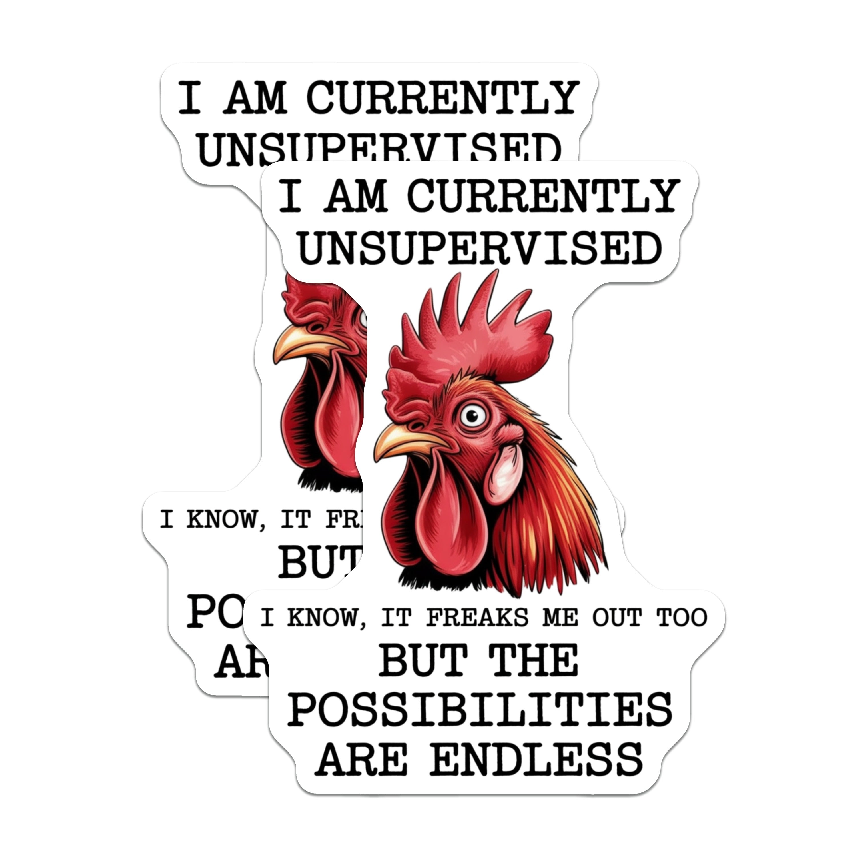 (2 Pack) Unsupervised Rooster Magnets - Funny Possibilities Quote - Sarcastic Office Humor - Fridge Locker Decor - 5 Inches On Longest Side - Thick Durable Magnet - Made in USA - MAG36647