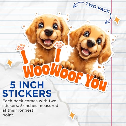 (2 Packs) I Woof You Golden Retriever Stickers - Golden Retriever Decals - 5 Inches On Longest Side - Premium Vinyl Decal - Sticks to Any Smooth Flat Surface - Made in USA - BMCS2368