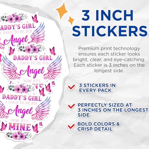 (3 Pack) Daddy's Girl Decals - Angel Wings - Floral Butterfly Decals - 3 Inches On Longest Side - Easy Peel & Apply - Made in USA - 3MCS1813