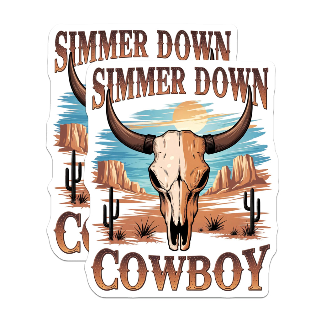 (2 Pack) Simmer Down Cowboy Stickers - Western Longhorn Skull - Desert Landscape Decor - 5" On Longest Side - Sticks to Smooth Flat Surfaces - Made in USA - BMCS21789
