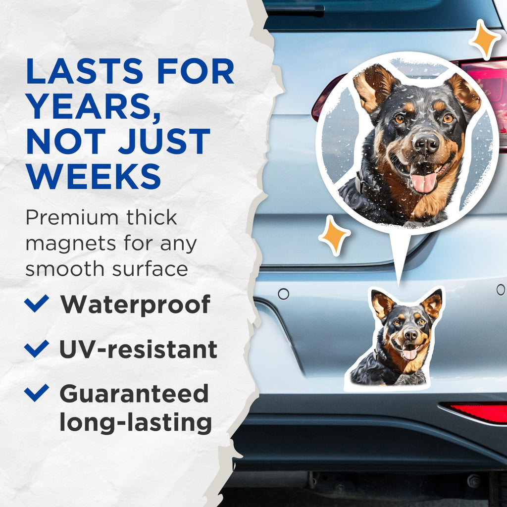 (2 Pack) Australian Cattle Dog Magnets - Blue Heeler Dog Lover Decor - Happy Heeler Pet Portrait Art - 5 Inches On Longest Side - Thick Durable Magnet - Made in USA - MAG30164