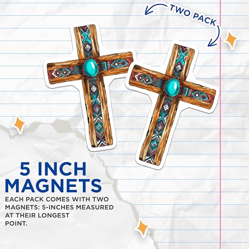 (2 Pack) Cross Magnets Magnets - Rustic Cross with Geometric Pattern - 5" On Longest Side - Made in USA - Sticks to Refrigerators & Metal Surfaces - MAG8739