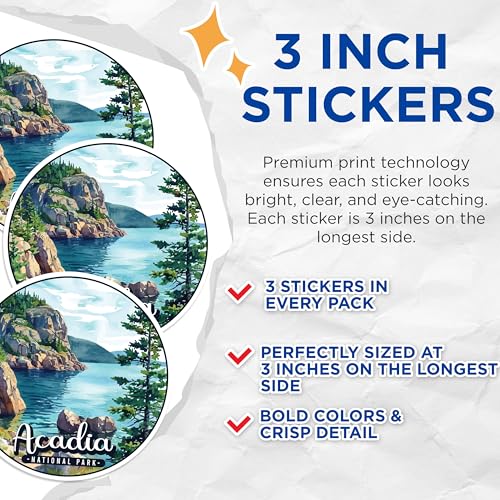 (3 Pack) Acadia National Park Decals - Maine Travel Stickers - Laptop Decals - 3 Inches On Longest Side - Easy Peel & Apply - Made in USA - 3MCS0455