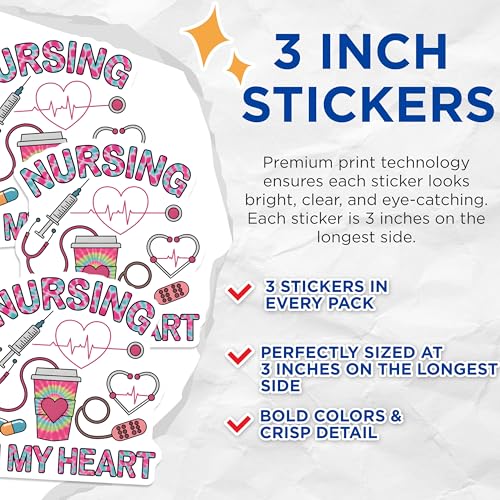 (3 Pack) Nurse Decals - Tie Dye Nursing Heart - Laptop Decal- 3 Inches On Longest Side - Easy Peel & Apply - Made in USA - 3MCS5273