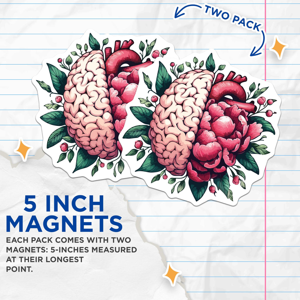 (2 Pack) Anatomical Brain Heart Magnets - Intricate Floral Mind Body Soul Art - Emotional Wellness Decor - 5 Inches On Longest Side - Thick Durable Magnet - Made in USA - MAG20021