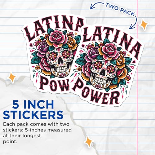 (2 Pack) Latina Power Stickers - Sugar Skull Stickers - Floral Skull Art Stickers - 5" On Longest Side - Sticks to Smooth Flat Surfaces - Made in USA - BMCS5580