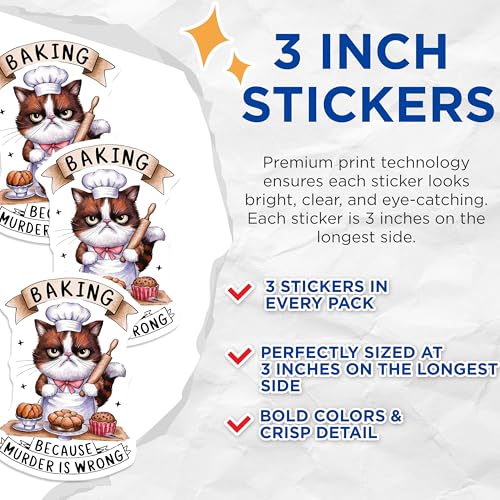 (3 Pack) Cat Baker Decals - Funny Baking Decal - Grumpy Cat Stickers - 3 Inches On Longest Side - Easy Peel & Apply - Made in USA - 3MCS2230