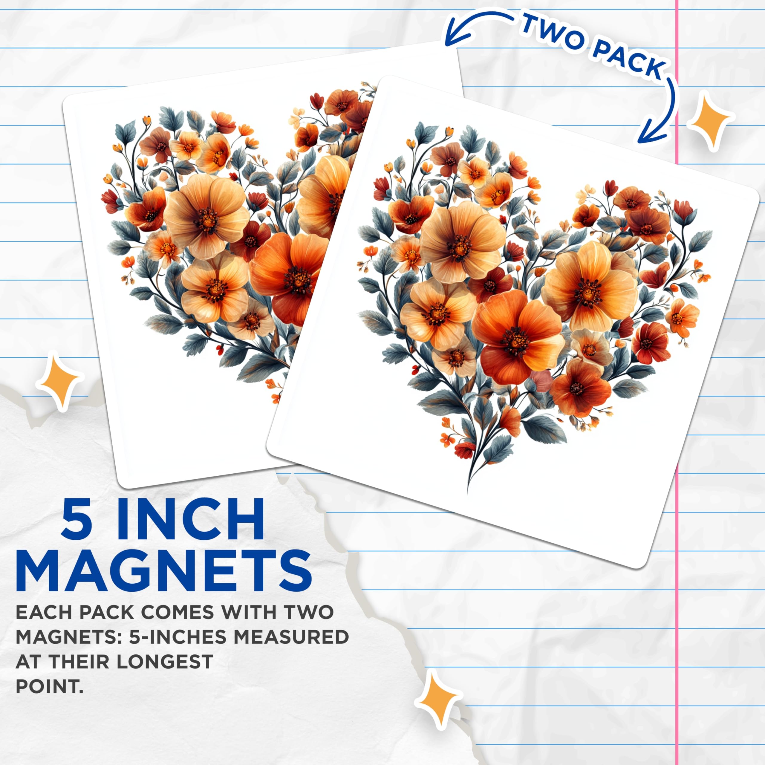(2 Pack) Orange Floral Heart Magnets - Autumn Blossom Decor - Vibrant Home Accents - 5 Inches On Longest Side - Thick Durable Magnet - Made in USA - MAG24120