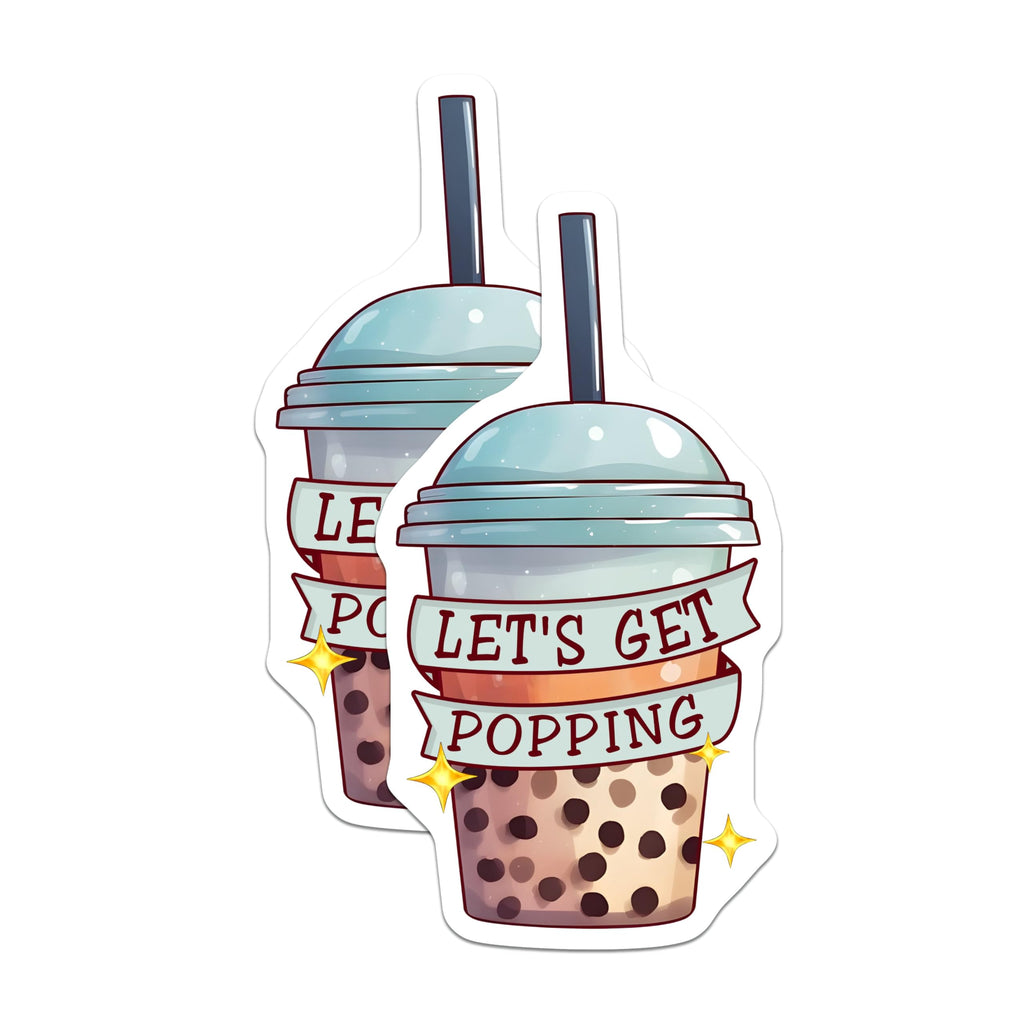 (2 Pack) Boba Tea Stickers - Let's Get Popping - Cute Bubble Tea - Kawaii Drink - Fun ''' ''' - 5" On Longest Side - Sticks to Smooth Flat Surfaces - Made in USA - BMCS7752