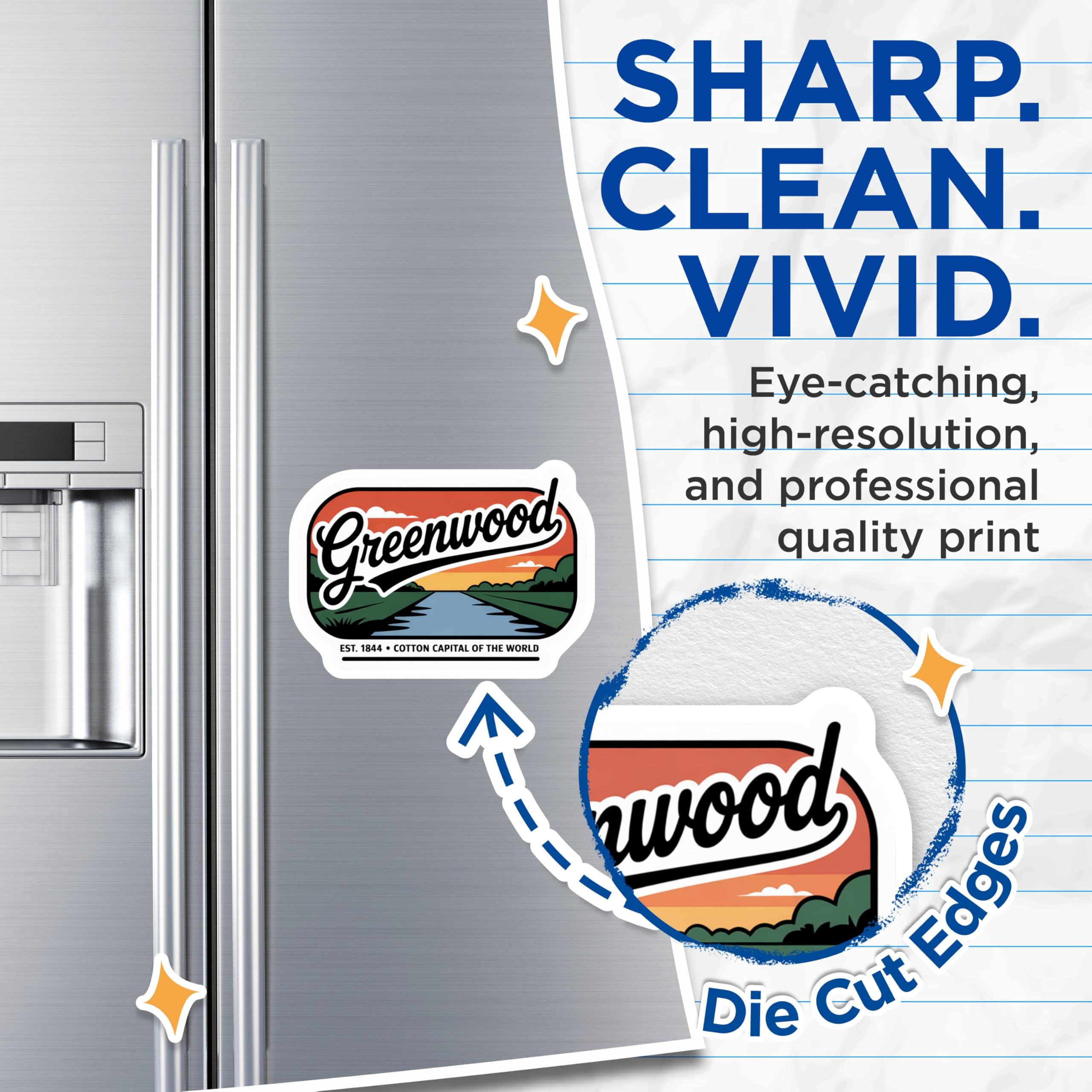 (2 Pack) Greenwood Magnets - Cotton Capital of World - Retro Travel Sticker Art - 5 Inches On Longest Side - Thick Durable Magnet - Made in USA - MAG19168