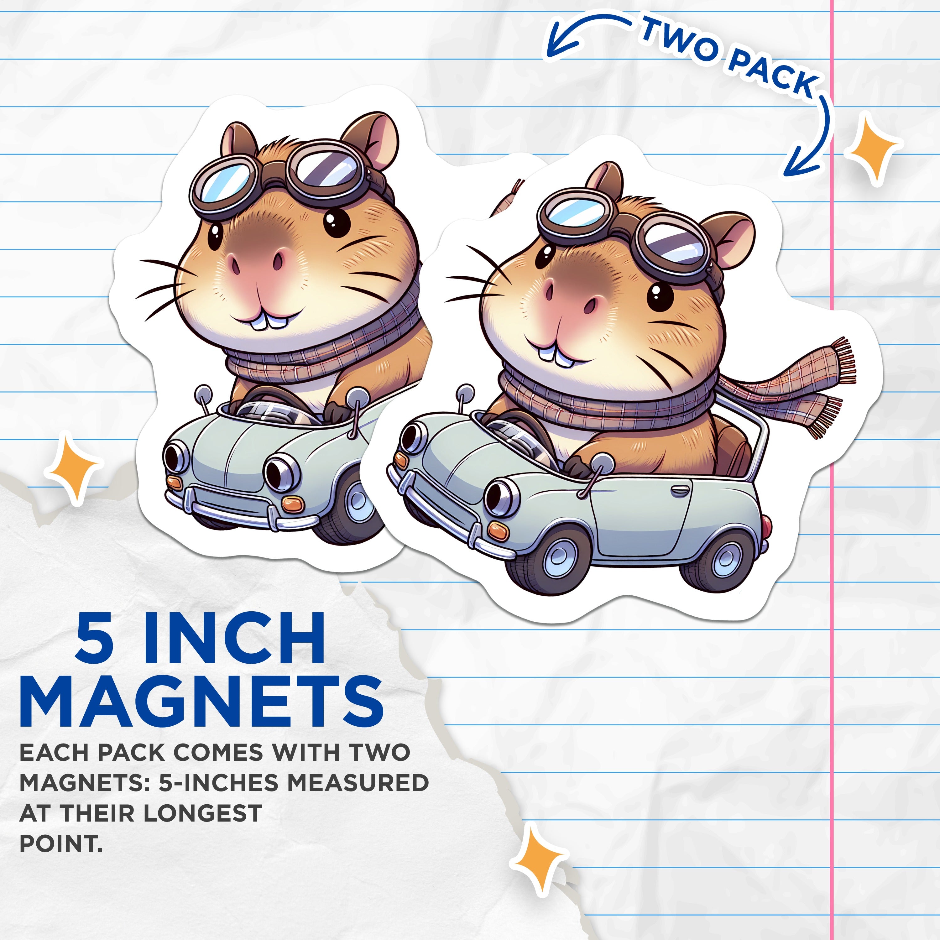 (2 Pack) Hamster Driving Car Magnets - Cute Animal Road Trip - Vintage Vehicle Aesthetic - 5 Inches On Longest Side - Thick Durable Magnet - Made in USA - MAG37832
