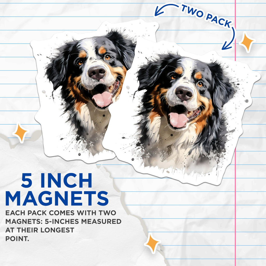 (2 Pack) Bernese Mountain Dog Magnets - Watercolor Dog Art - Happy Berner Lover Fridge Decor - 5 Inches On Longest Side - Thick Durable Magnet - Made in USA - MAG30344