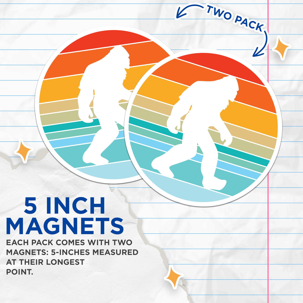 (2 Pack) Bigfoot Magnets - Retro Sunset Sasquatch Decor - Cryptid Explorer Refrigerator Magnets for Adventurers - 5 Inches On Longest Side - Thick Durable Magnet - Made in USA - MAG22390