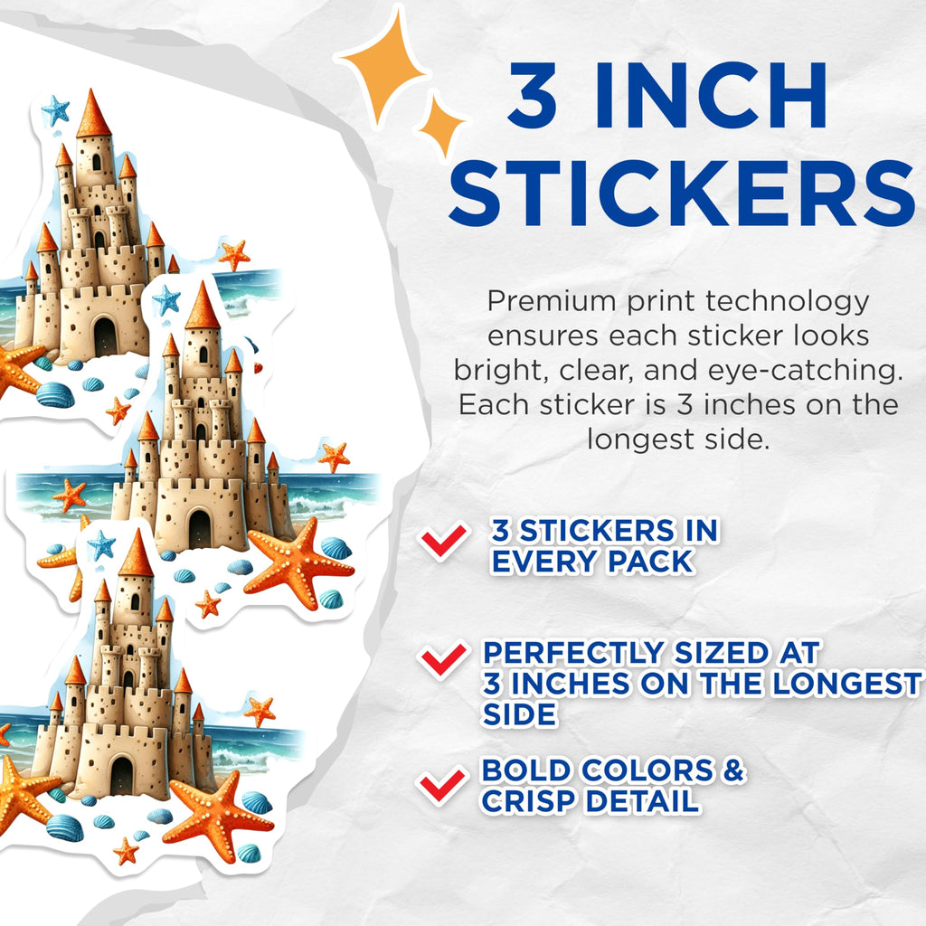 (3 Pack) Sandcastle Decals - Starfish Seashell - Beachy Decorations - 3 Inches On Longest Side - Easy Peel & Apply - Made in USA - 3MCS8046