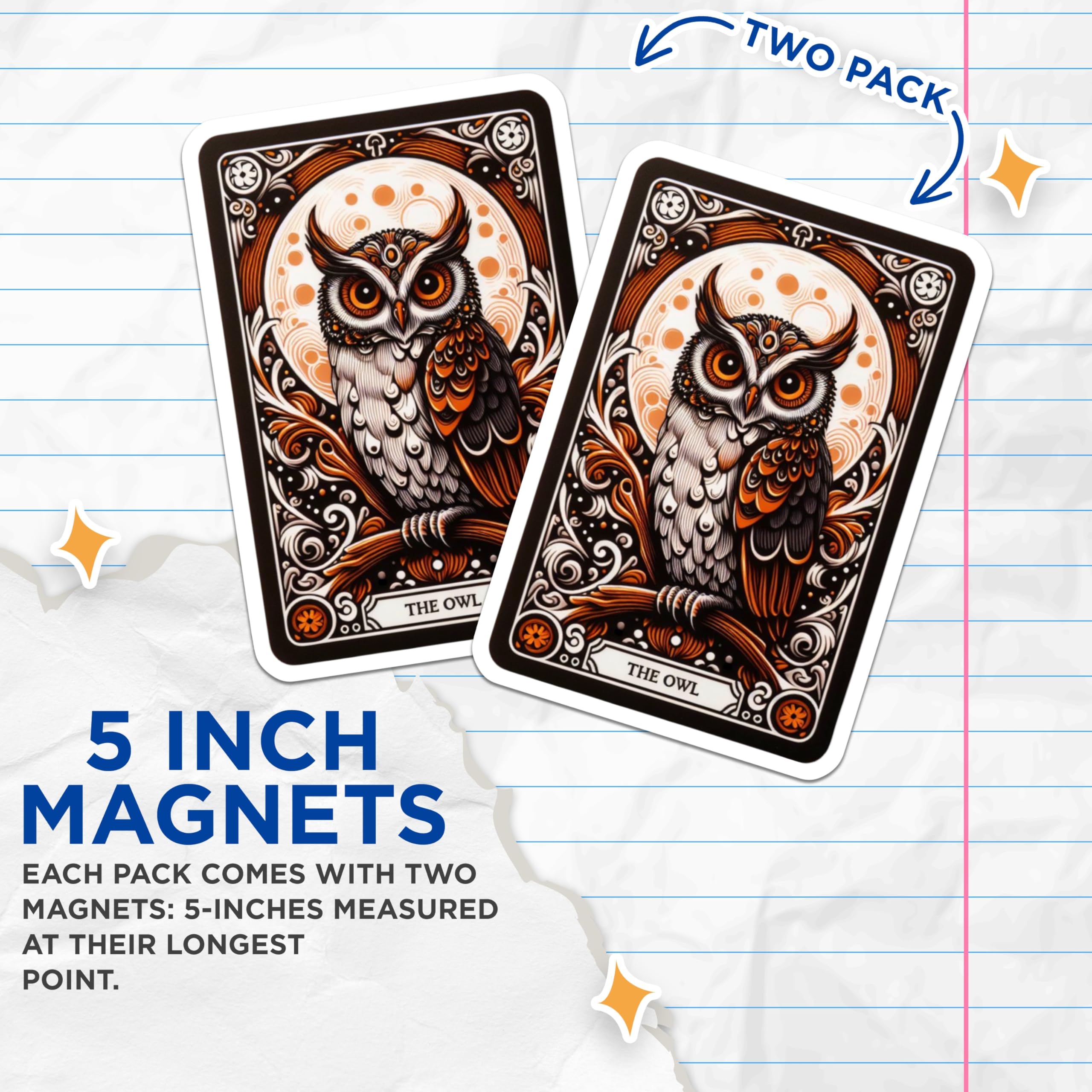 (2 Pack) Ornate Owl Magnets - Mystical Moon Tarot Card Vision - Wise Animal Fridge Decor - Celestial Nocturnal Bird Design - 5 Inches On Longest Side - Thick Durable Magnet - Made in USA - MAG22381