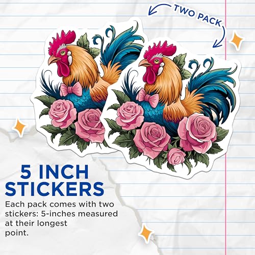 (2 Pack) Colorful Rooster Stickers - Animal Art - Floral Design - 5" On Longest Side - Sticks to Smooth Flat Surfaces - Made in USA - BMCS9439