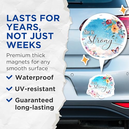 (2 Pack) Inspirational Quote Magnets Magnets - She is Strong - Floral Design - 5" On Longest Side - Made in USA - Sticks to Refrigerators & Metal Surfaces - MAG8584