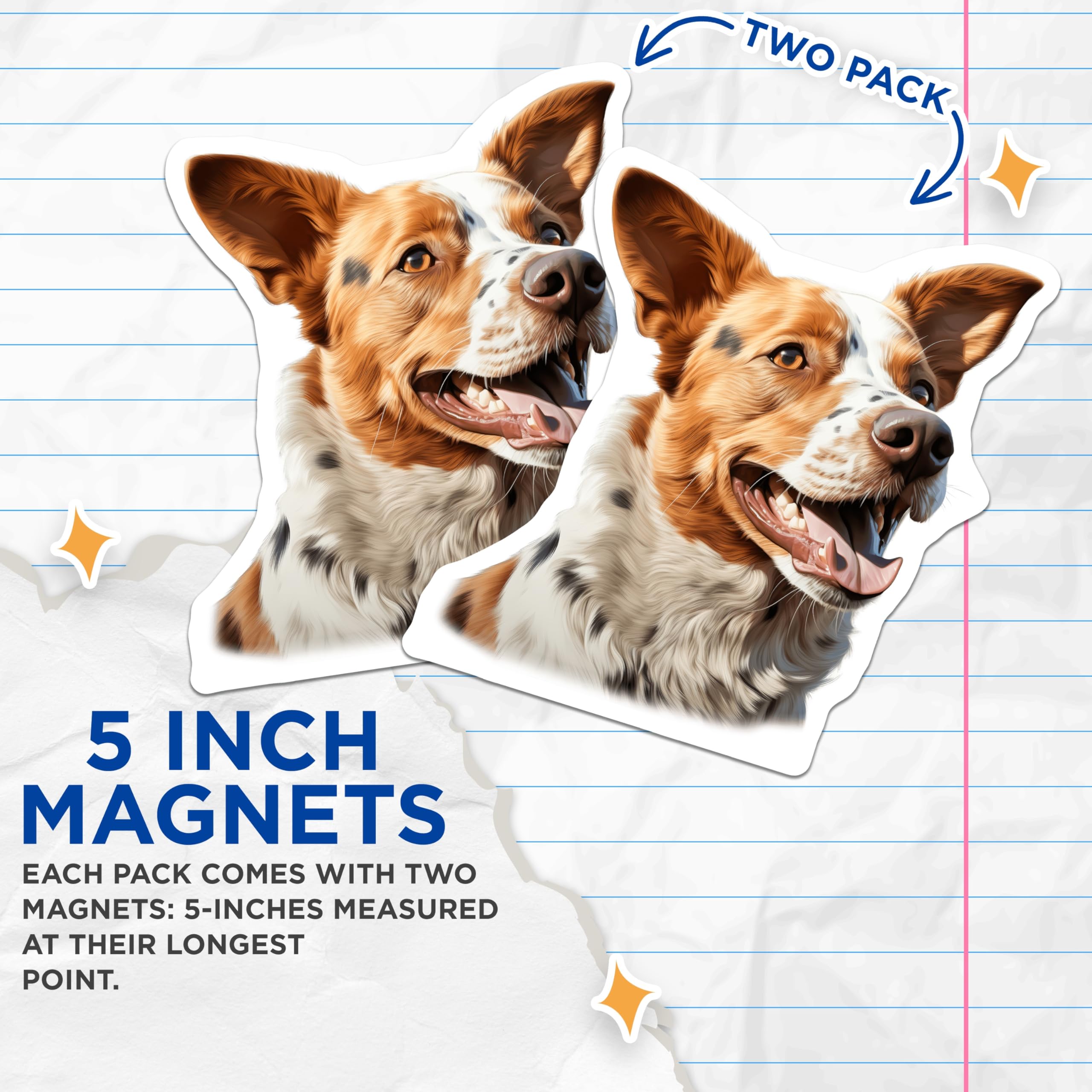 (2 Pack) Happy Spotted Dog Portrait Magnets - Joyful Canine Companion Display - Vibrant Animal Lover Refrigerator Art - 5 Inches On Longest Side - Thick Durable Magnet - Made in USA - MAG24485