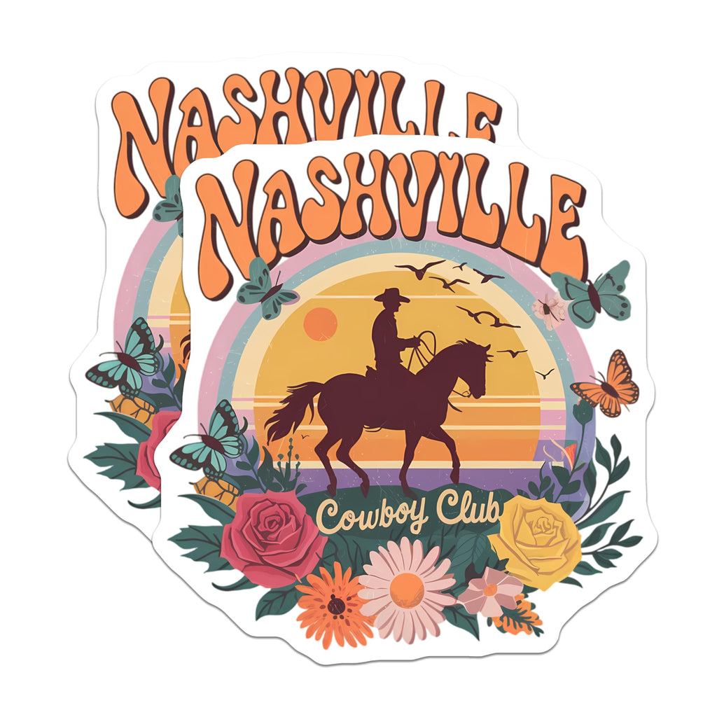 (2 Pack) Nashville Cowboy Club Magnets - Retro Western Aesthetic - Boho Floral Sunset Decorations - 5 Inches On Longest Side - Thick Durable Magnet - Made in USA - MAG21610