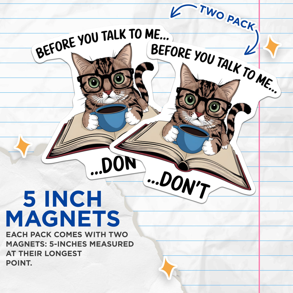 (2 Pack) Funny Cat Magnets - Introvert Coffee Lover Decor - Book Reader Home Accessory - Witty Statement Fridge Art - 5 Inches On Longest Side - Thick Durable Magnet - Made in USA - MAG37754