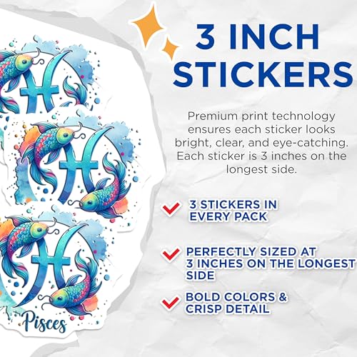(3 Pack) Pisces Zodiac Decals - Watercolor Astrology Sign - Colorful Fish Sticker- 3 Inches On Longest Side - Easy Peel & Apply - Made in USA - 3MCS5786