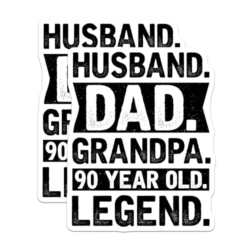 (2 Pack) Husband Dad Grandpa Stickers - 90 Year Old Legend - Retro Family Stickers - 5" On Longest Side - Sticks to Smooth Flat Surfaces - Made in USA - BMCS6158