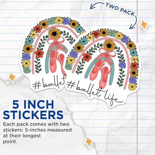 (2 Pack) Ballet Life Stickers - Floral Ballet Stickers - Rainbow Ballet Shoes Stickers - 5" On Longest Side - Sticks to Smooth Flat Surfaces - Made in USA - BMCS4201